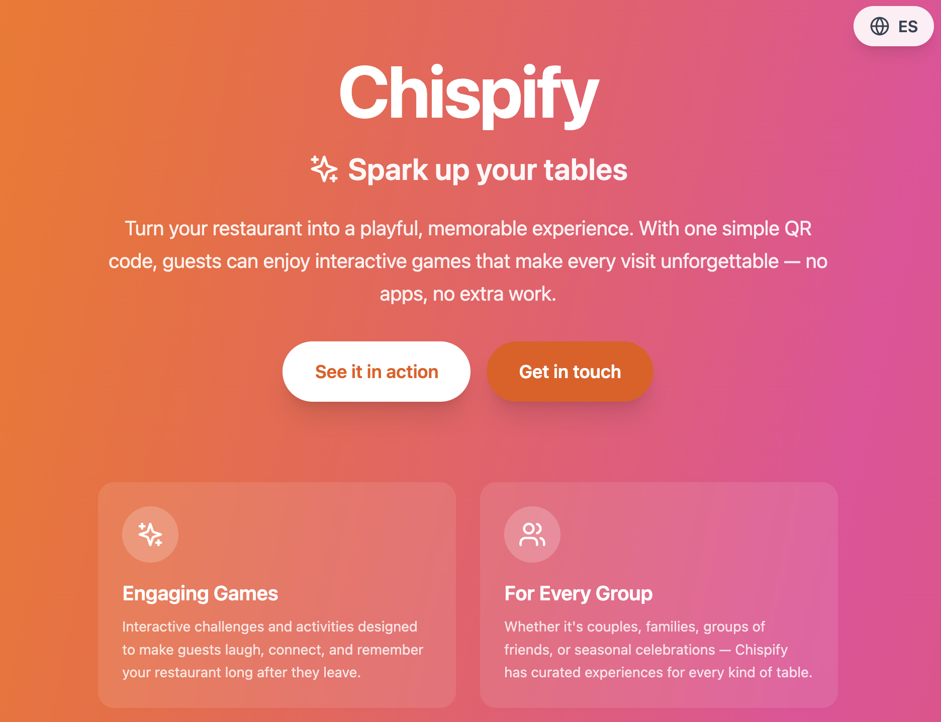 Chispify landing page with a warm orange and pink gradient hero.