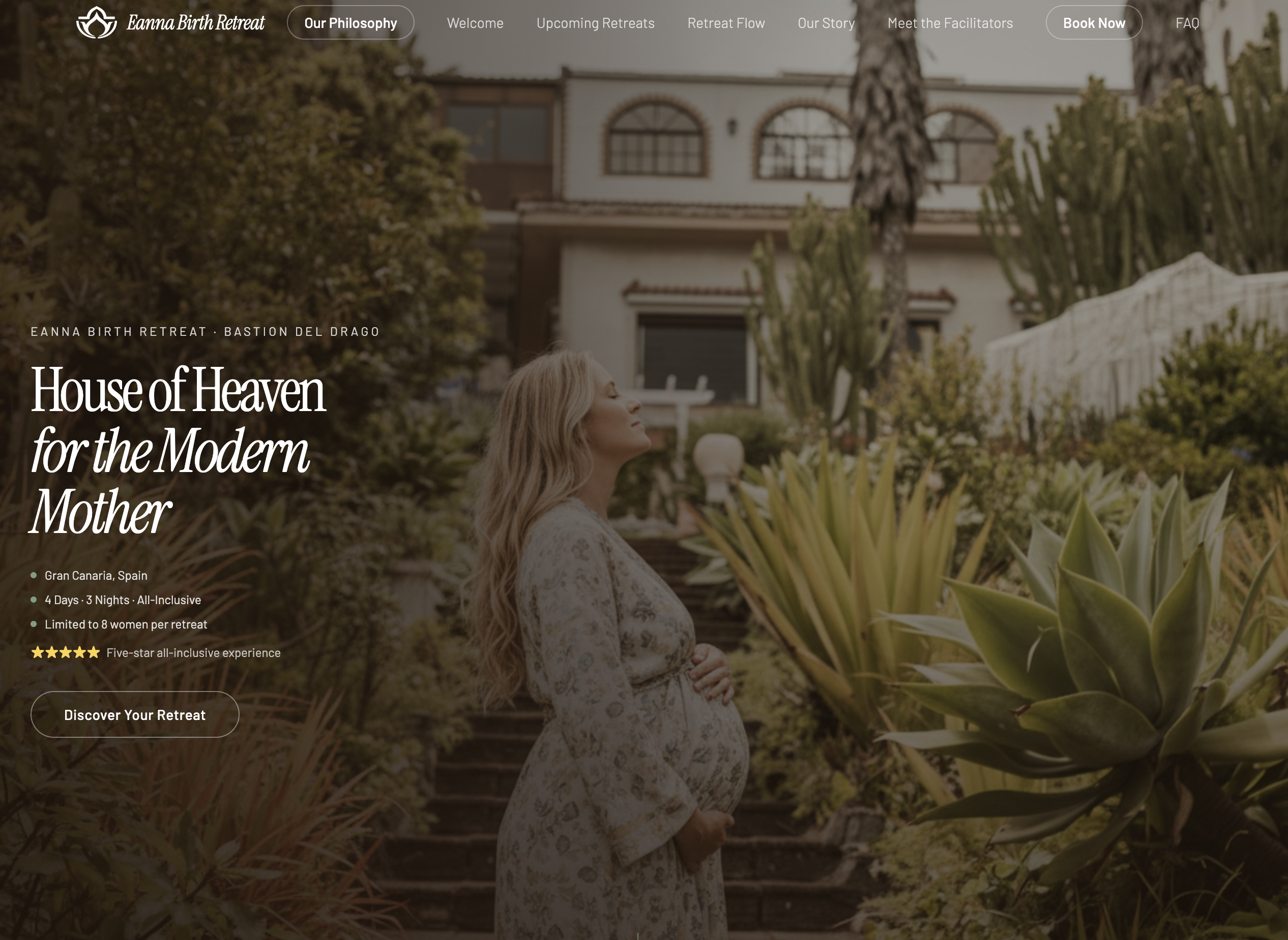 Eanna Birth Retreat landing page with a calm garden retreat hero.
